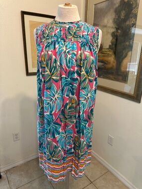 Crown & Ivy Sleeveless Tropical Print Midi Dress in Pink & Blue Size XL